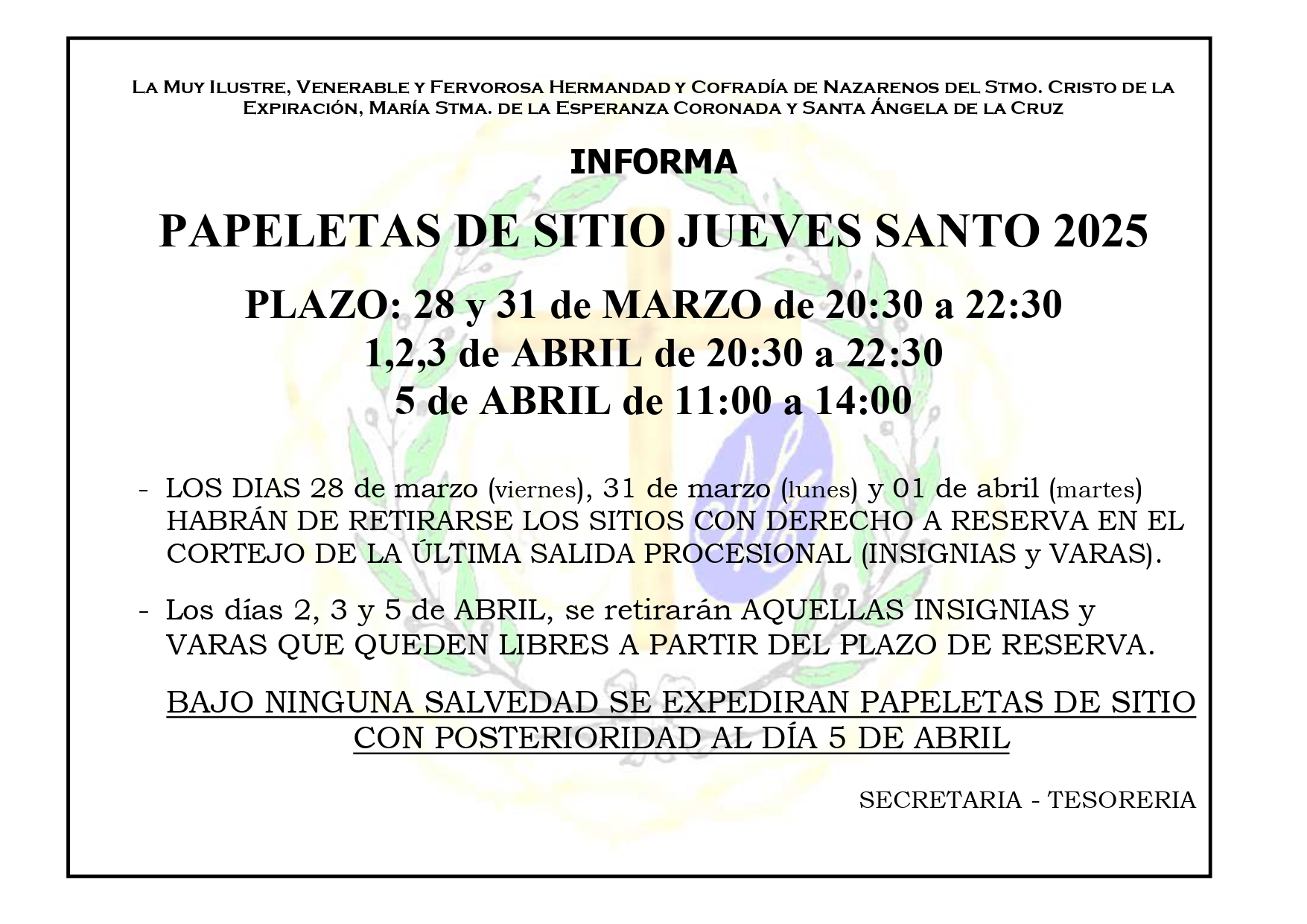 CALENDARIO DE PAPELETAS DE SITIO